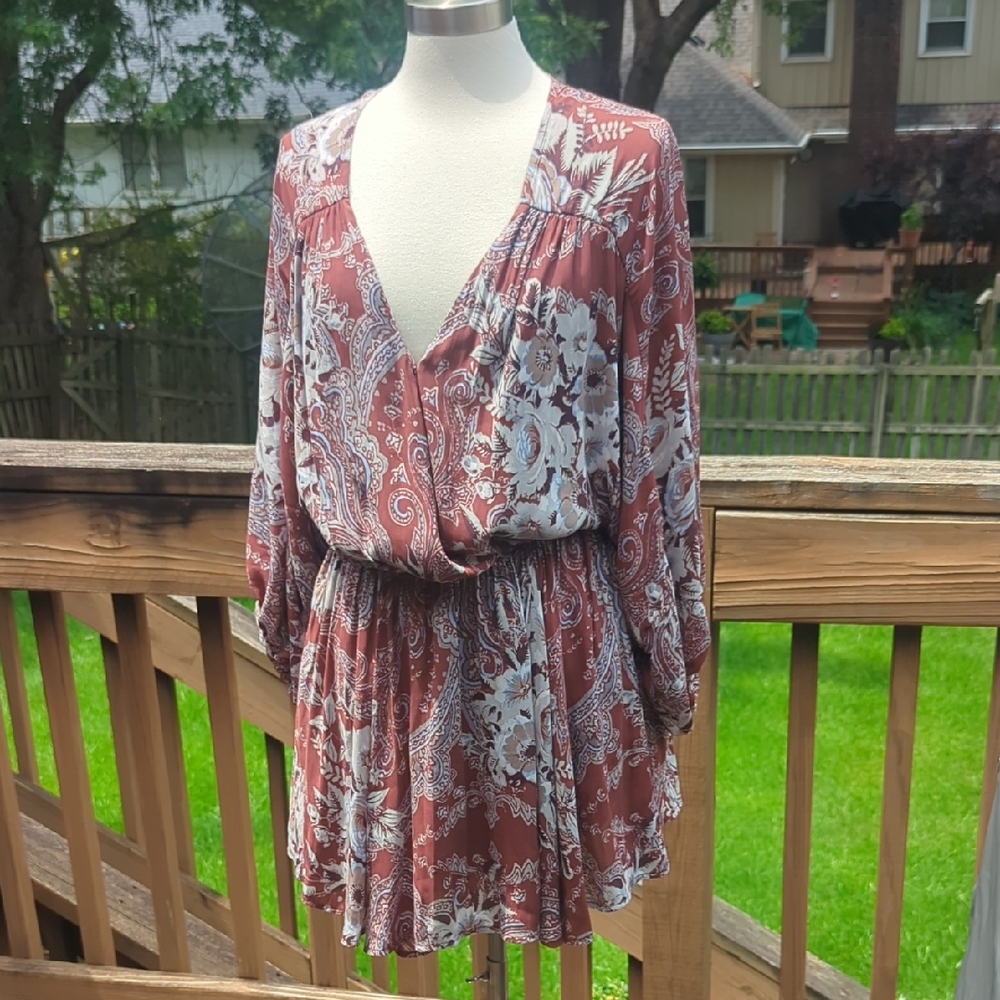 Free People Pink and Gray Graphic Long Sleeve Blouse